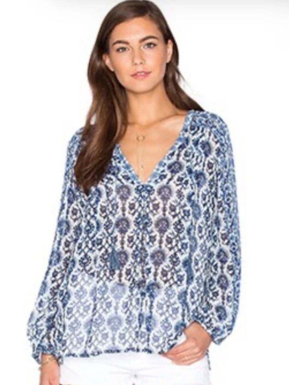 Joie Silk Auberon Blouse Bohemian Blue White Size XS